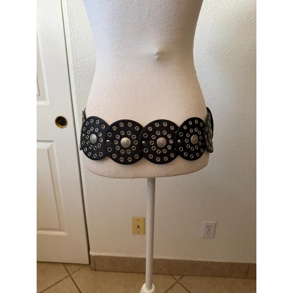 Boho Y2K Leather Disc Concho Belt Black Brass Grommet Statement Belt Western 36'